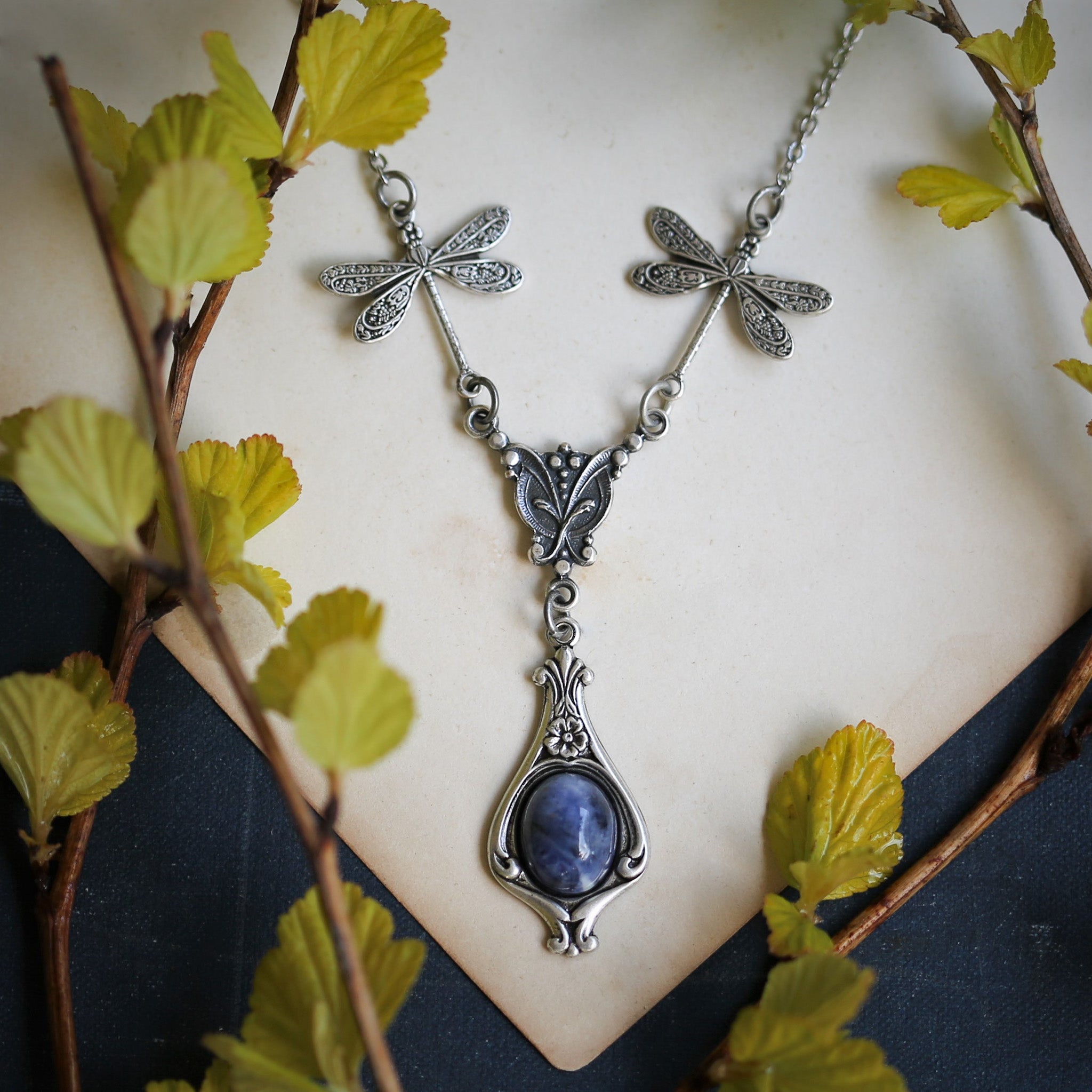Blue Stone or Shell Dragonfly Necklace