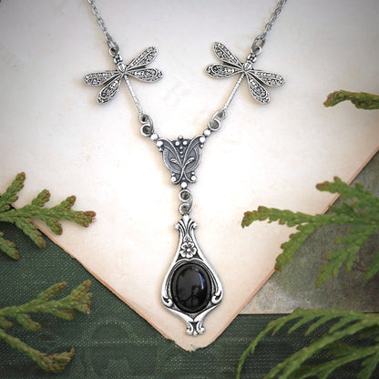 Black White and Gray  Stone and Shell Dragonfly Necklaces