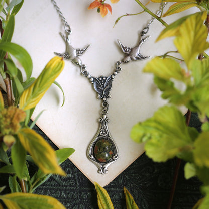 Green-Toned Stone Necklace with Birds