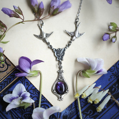 Pink or Purple Stone Necklace with Birds