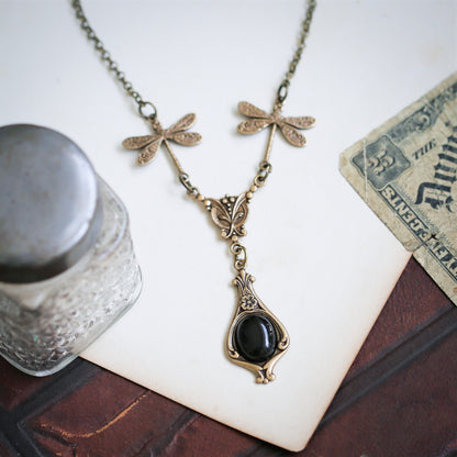 Black White and Gray  Stone and Shell Dragonfly Necklaces