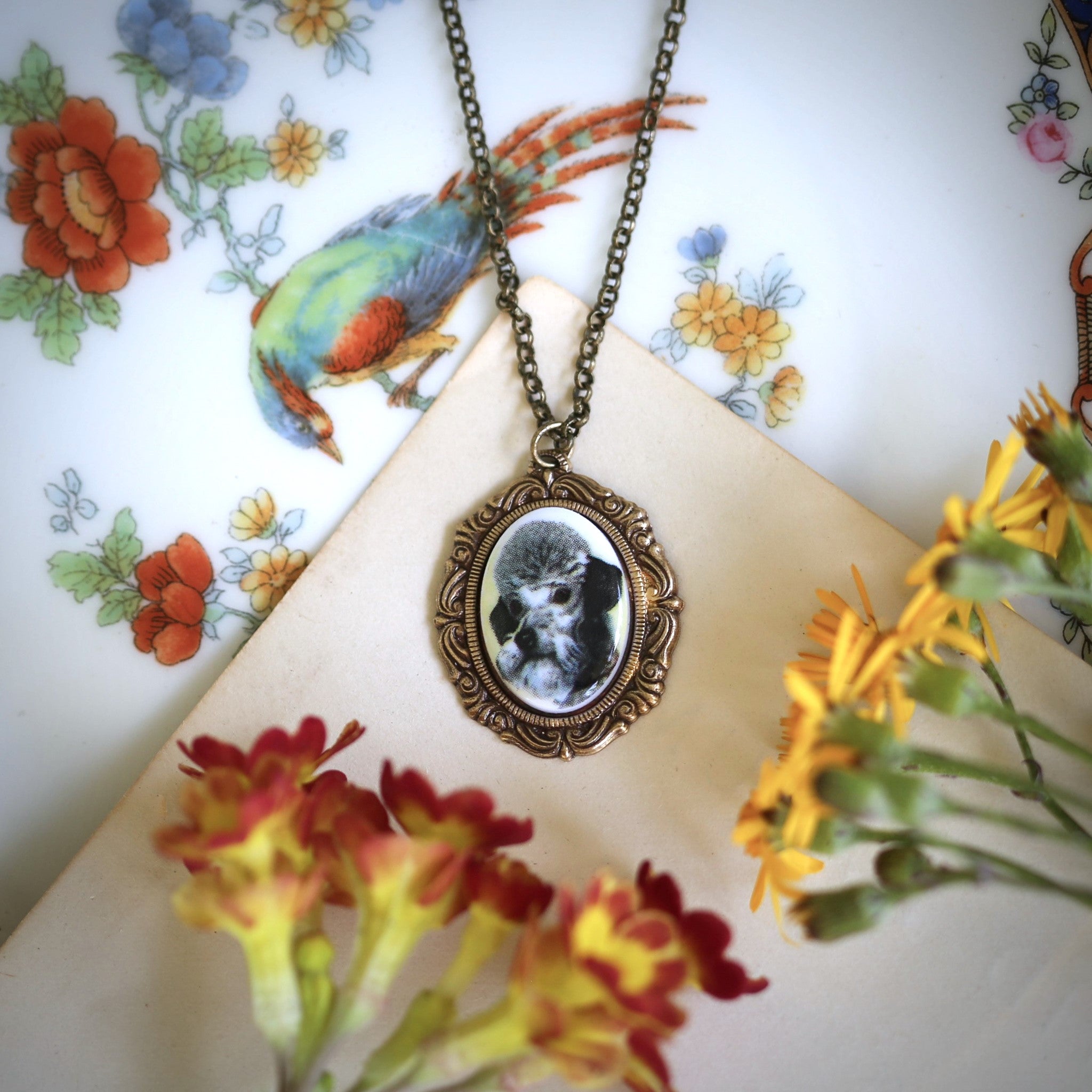 Antiqued brass vintage style poodle cameo necklace by ragtrader vintage.  Pet owner gift