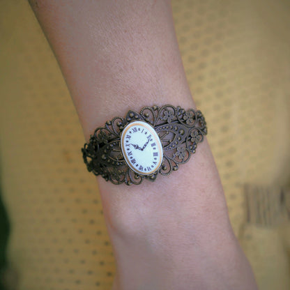 Clockface Cameo Adjustable Cuff Bracelet in Vintage Style