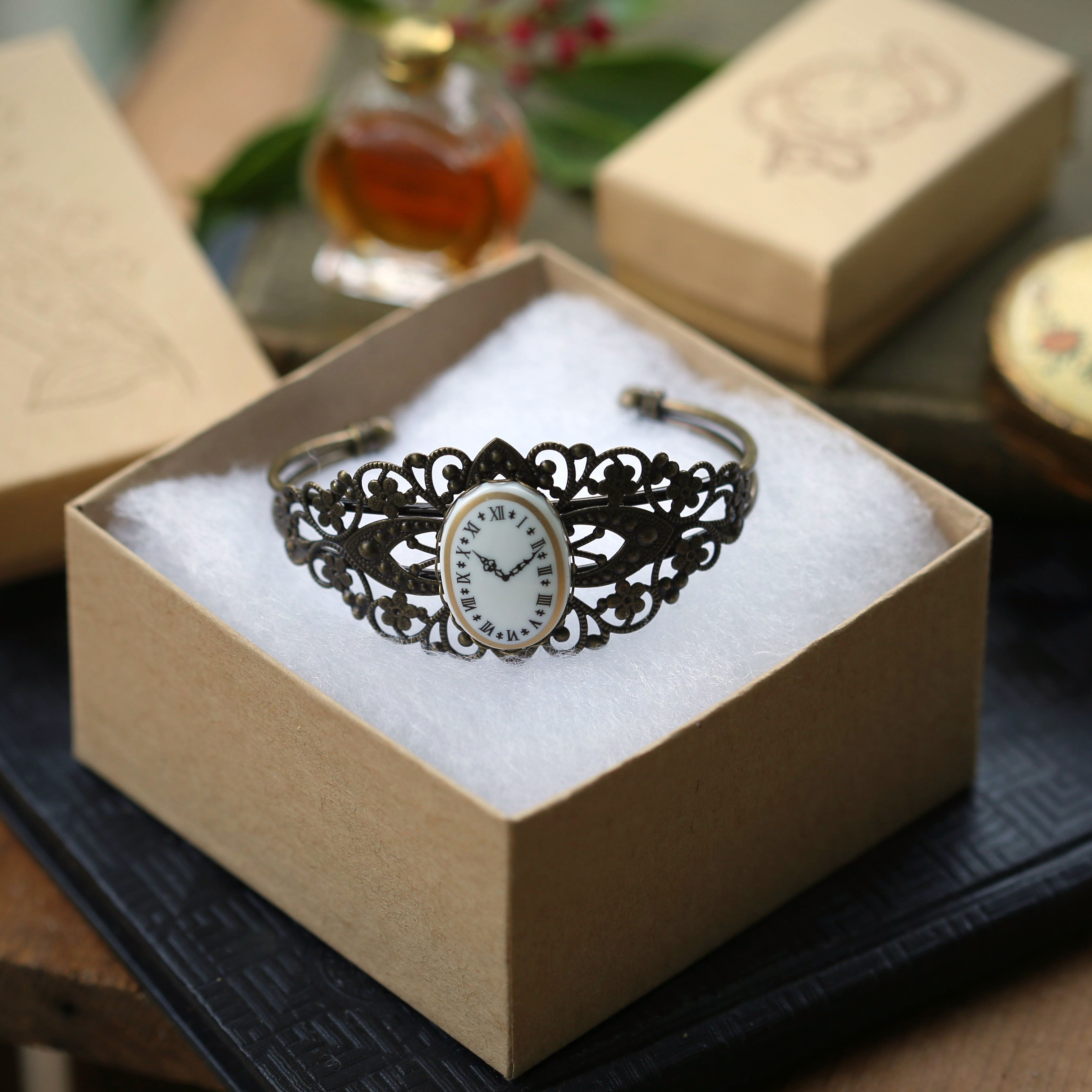 Clockface Cameo Adjustable Cuff Bracelet in Vintage Style