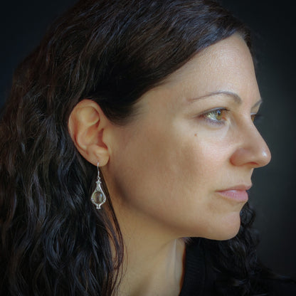 A pair of silver Victorian drop earrings with gray shell cabochons.