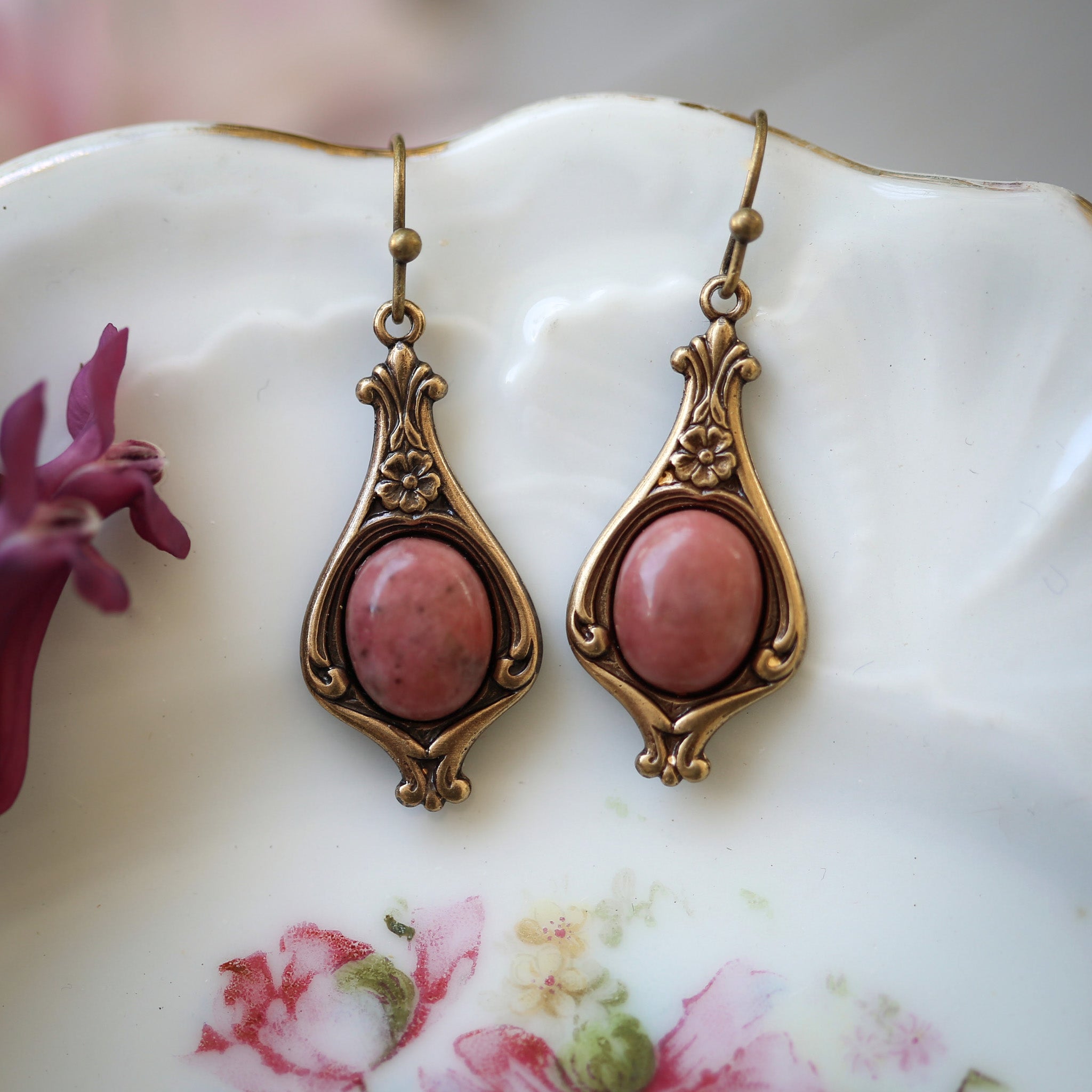 antiqued brass vintage style classic lolita pink rhodonite semi precious stone drop earrings