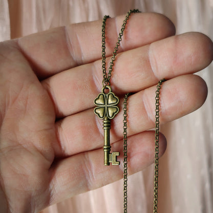 Four Leaf Clover Antiqued Brass Key Necklace