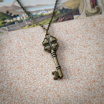 Four Leaf Clover Antiqued Brass Key Necklace