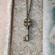 Four Leaf Clover Antiqued Brass Key Necklace