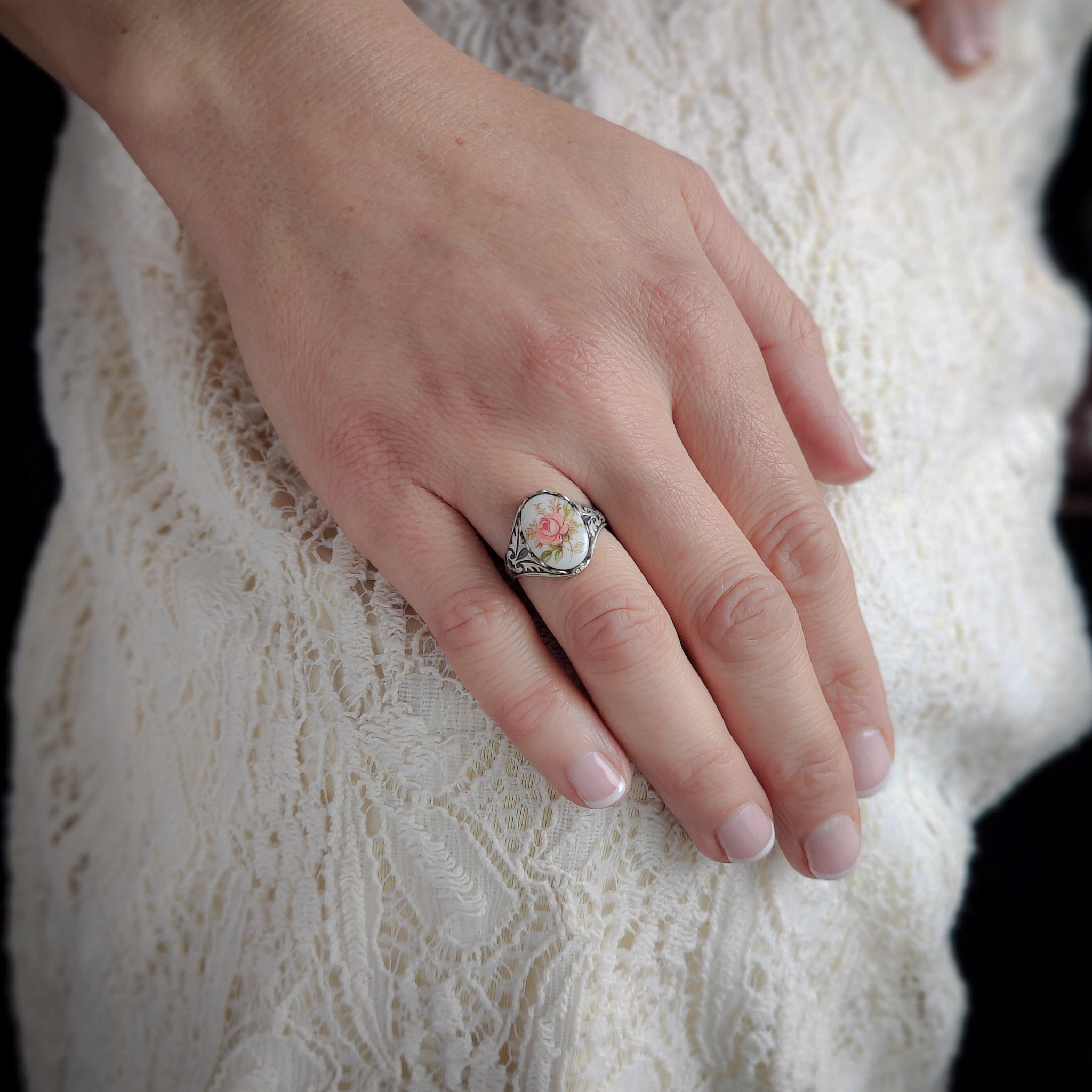 Pink Rose Cameo Ring on Vintage Style Victorian Filigree Adjustable Ring in Silver or Brass.  Available in Pink, Blue, or Yellow