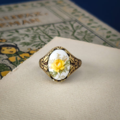 Yellow Rose Cameo Ring on Vintage Style Victorian Filigree Adjustable Ring in Silver or Brass.  Available in Pink, Blue, or Yellow