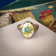 Yellow Rose Cameo Ring on Vintage Style Victorian Filigree Adjustable Ring in Silver or Brass.  Available in Pink, Blue, or Yellow