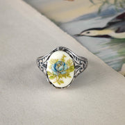 vintage style antiqued silver porcelain blue rose cameo adjustable ring