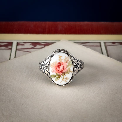 Pink Rose Cameo Ring on Vintage Style Victorian Filigree Adjustable Ring in Silver or Brass.  Available in Pink, Blue, or Yellow