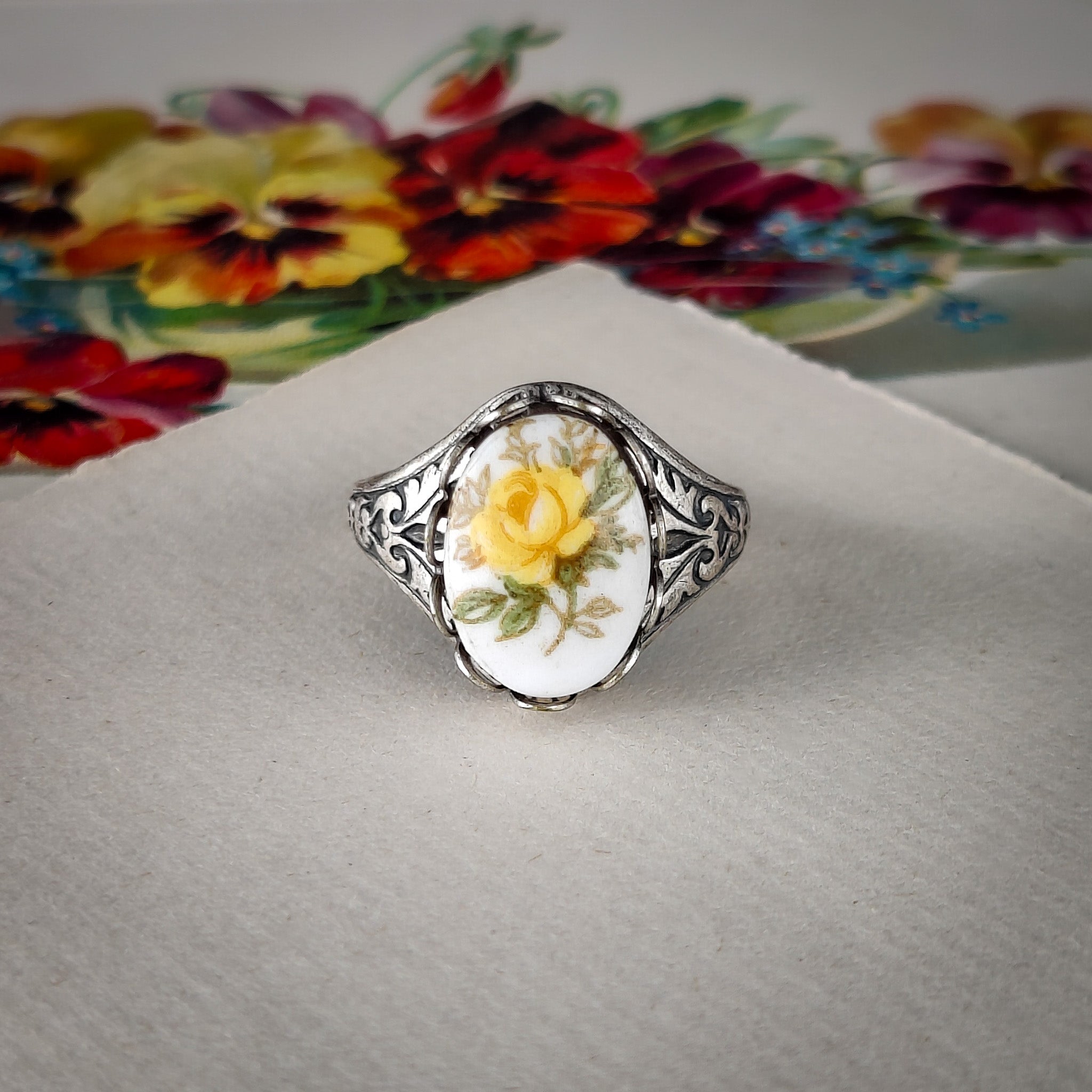 Yellow Rose Cameo Ring on Vintage Style Victorian Filigree Adjustable Ring in Silver or Brass.  Available in Pink, Blue, or Yellow