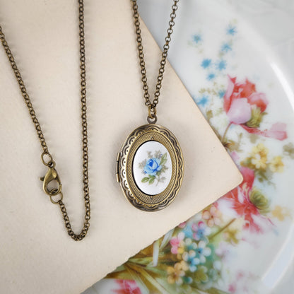 Locket Necklace with Vintage Rose Cameo in Blue Pink or Yellow