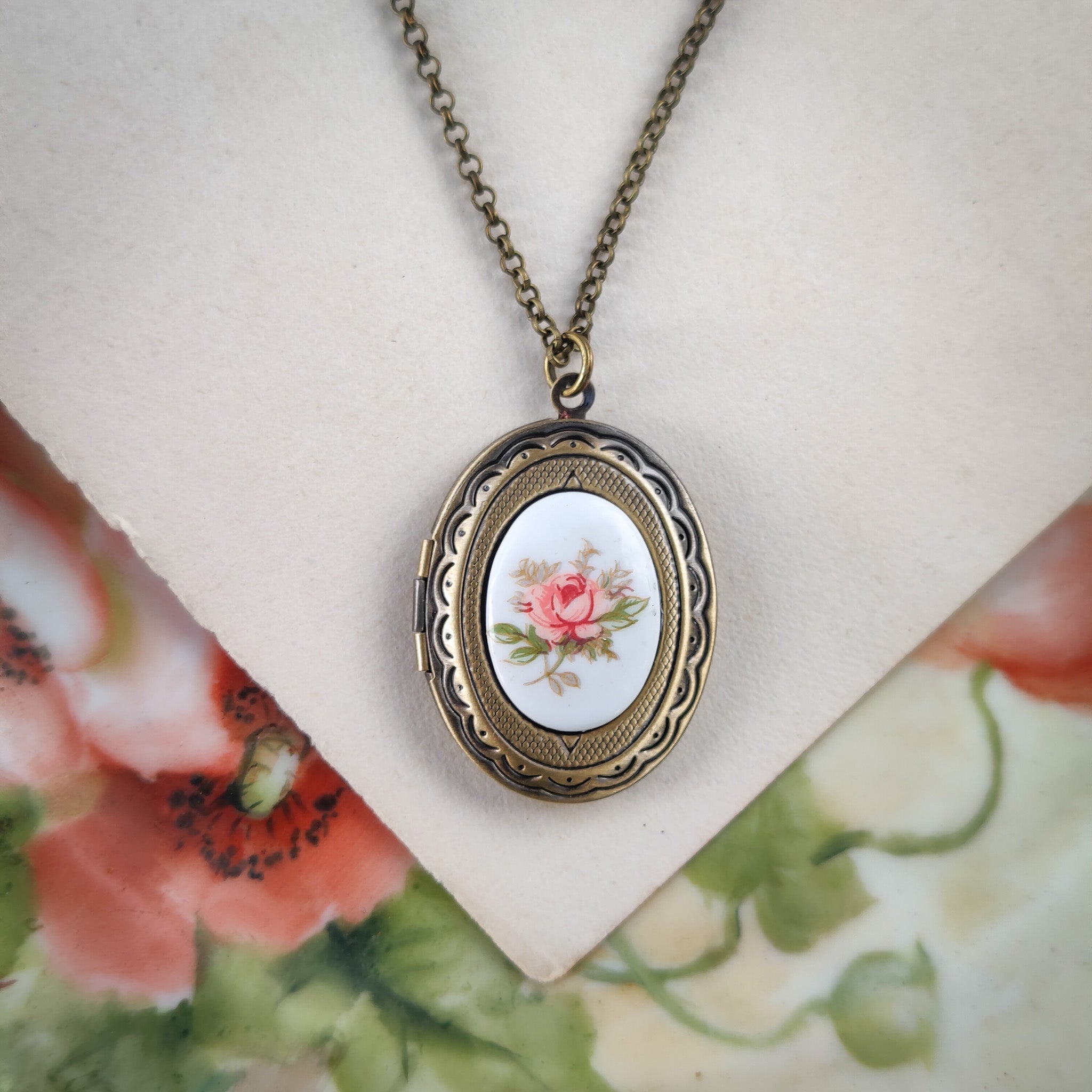 Locket Necklace with Vintage Rose Cameo in Blue Pink or Yellow