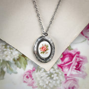 Silver vintage style necklace with antique porcelain pink red rose cameo