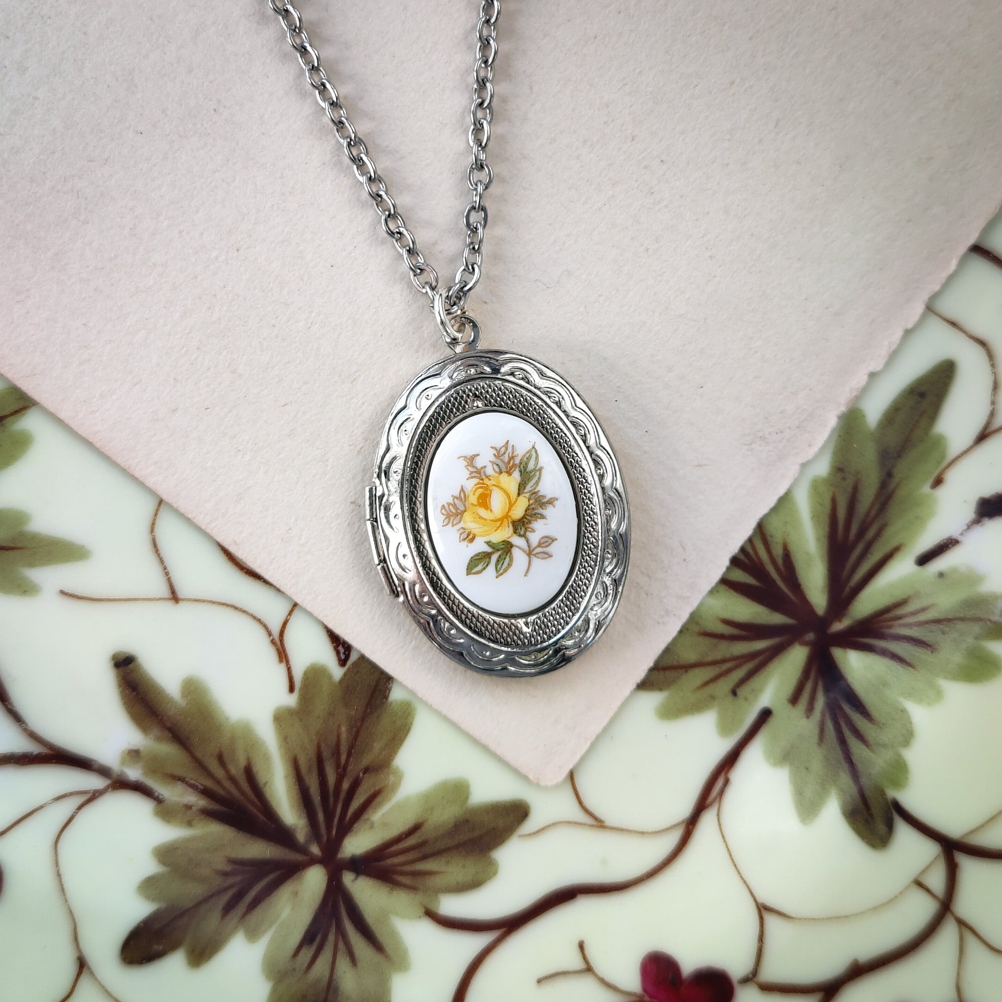 Locket Necklace with Vintage Rose Cameo in Blue Pink or Yellow