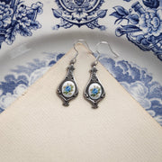 Antiqued silver retro style tear drop earrings with vintage blue rose porcelain cameos