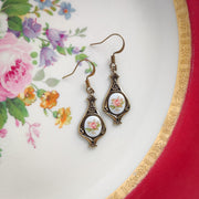 Antiqued brass retro style tear drop earrings with vintage pink rose porcelain cameos