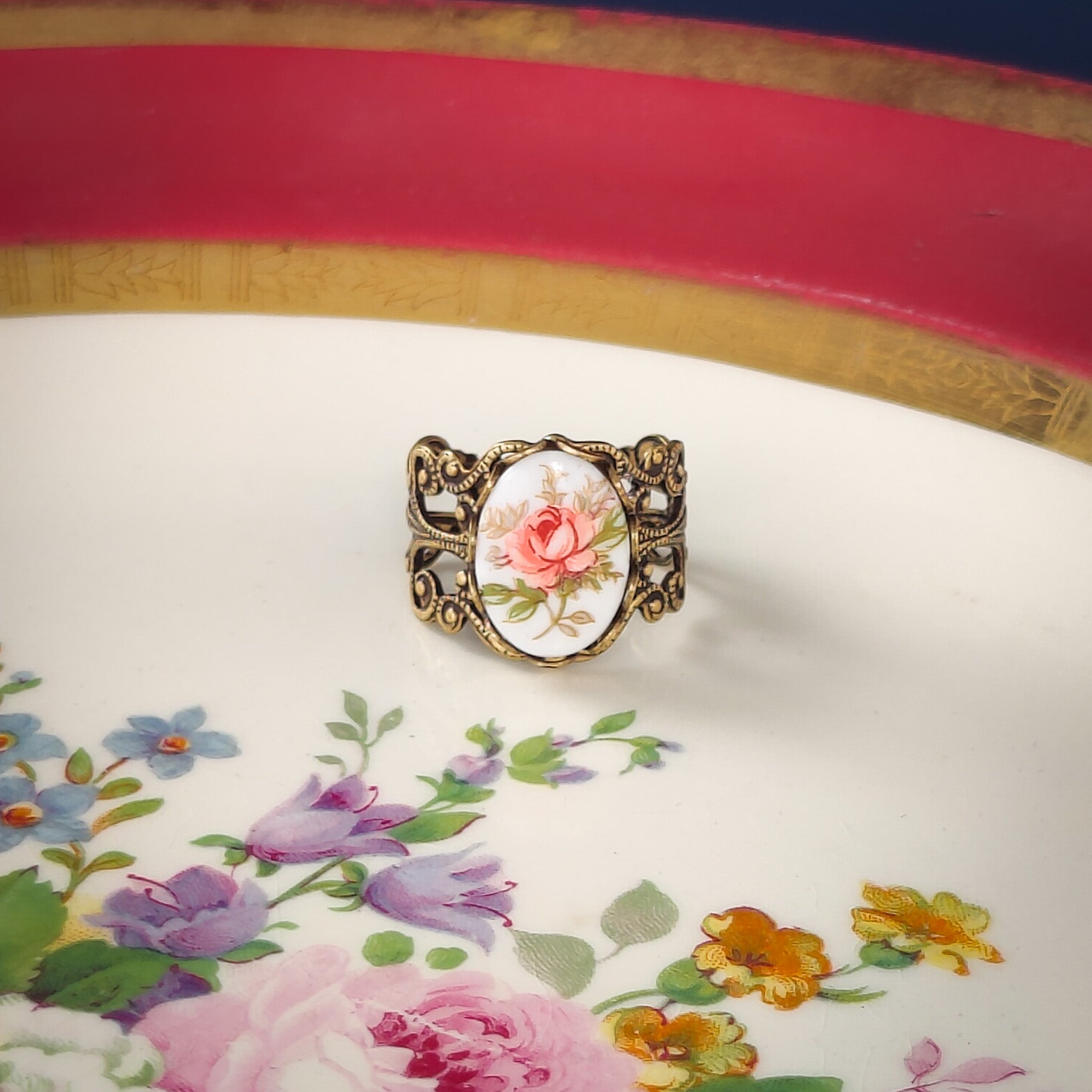 Yellow Rose Cameo Ring on Vintage Style Filigree Adjustable Ring in Silver or Brass Choose from Pink, Blue, or Yellow