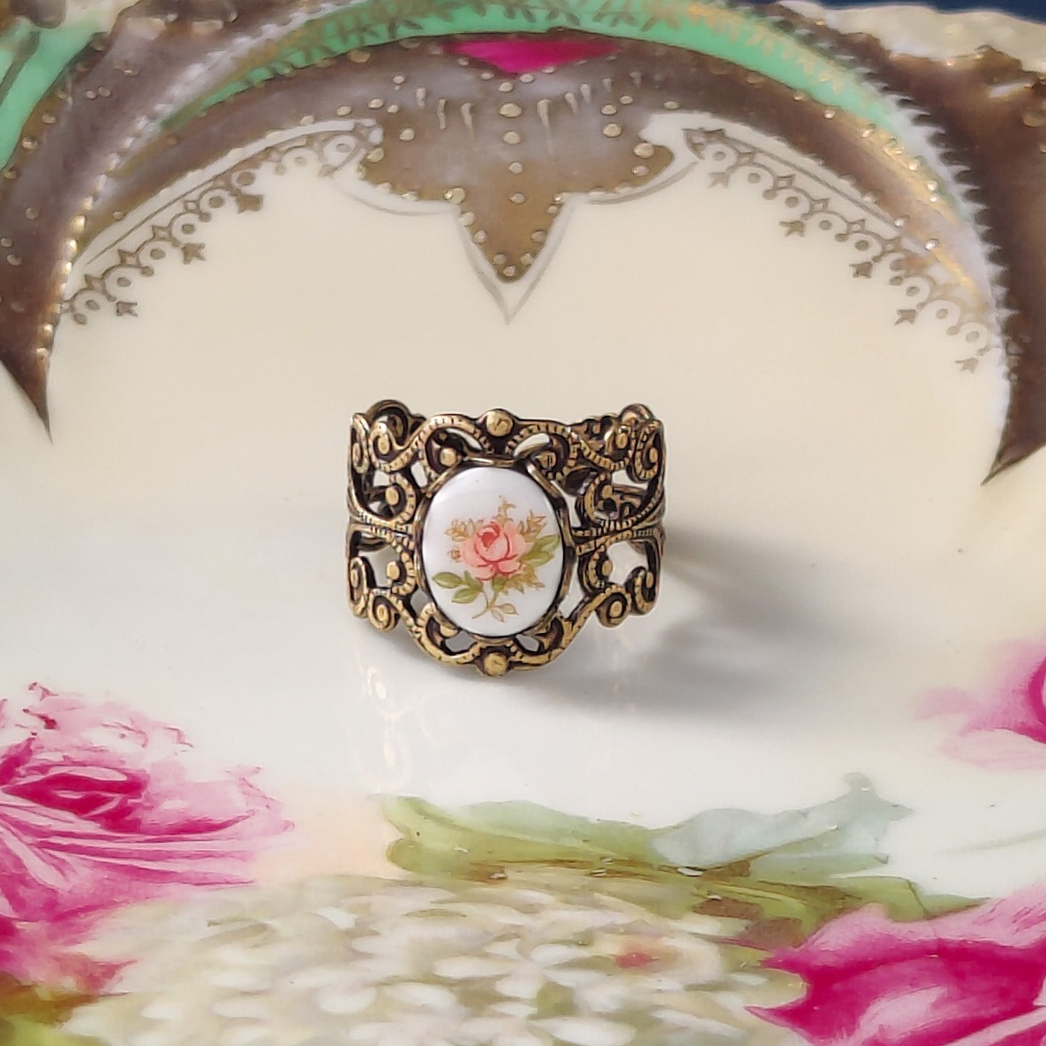 Pink Rose Cameo on Vintage Style Victorian Filigree Adjustable Ring in Silver or Brass.  Available in Pink, Blue, or Yellow