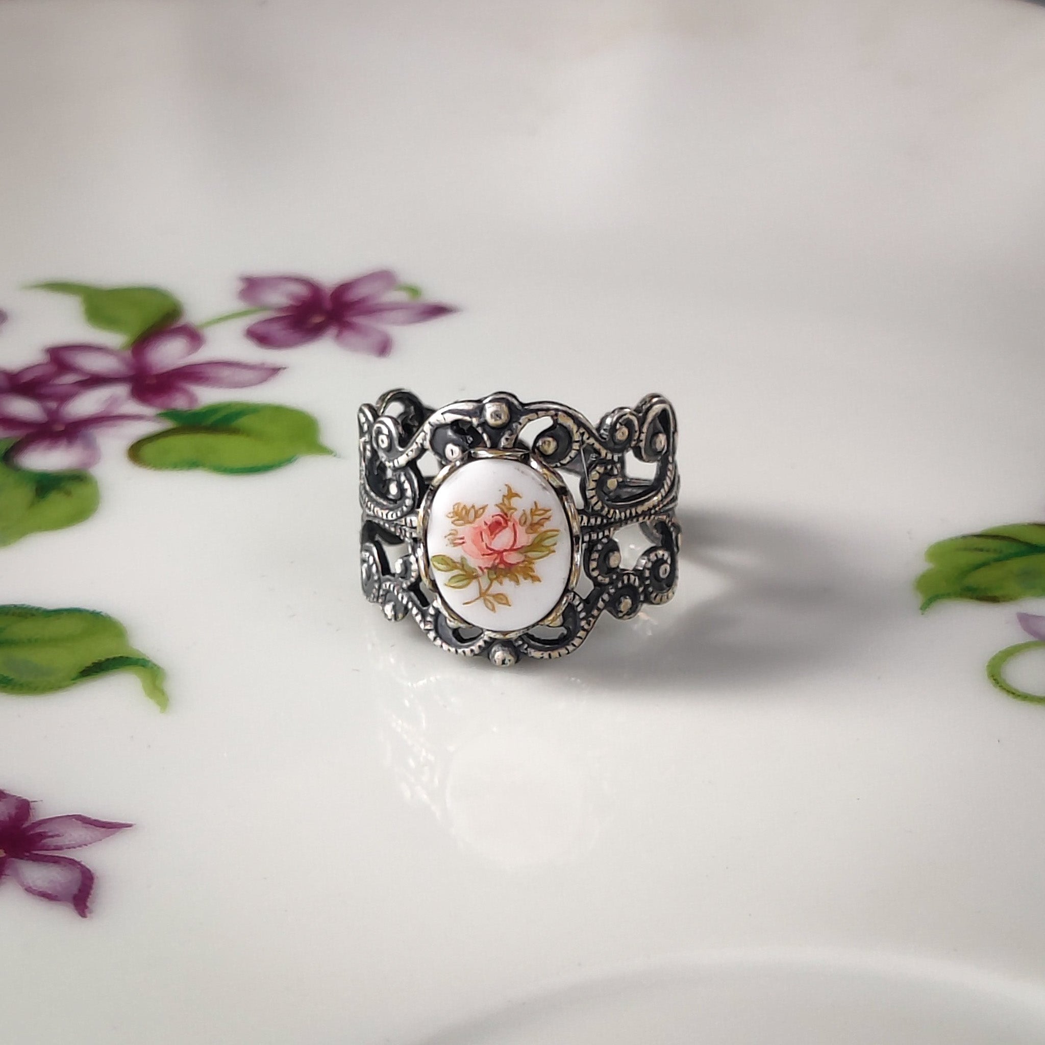 Petite Pink Rose Filigree Ring