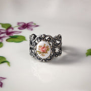 Yellow Rose Cameo on Vintage Style Victorian Filigree Adjustable Ring in Silver or Brass.  Available in Pink, Blue, or Yellow