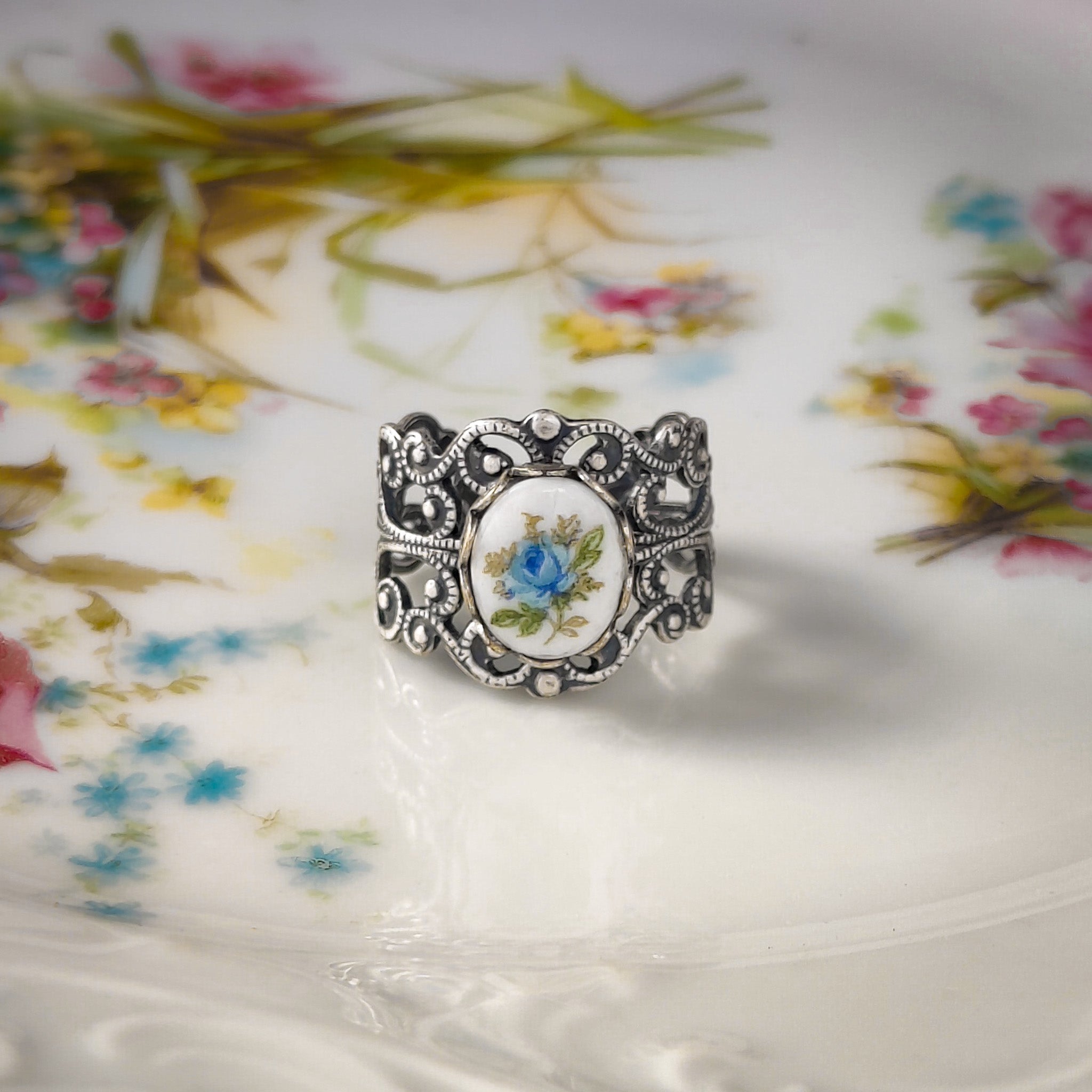 Pink Rose Cameo on Vintage Style Victorian Filigree Adjustable Ring in Silver or Brass.  Available in Pink, Blue, or Yellow