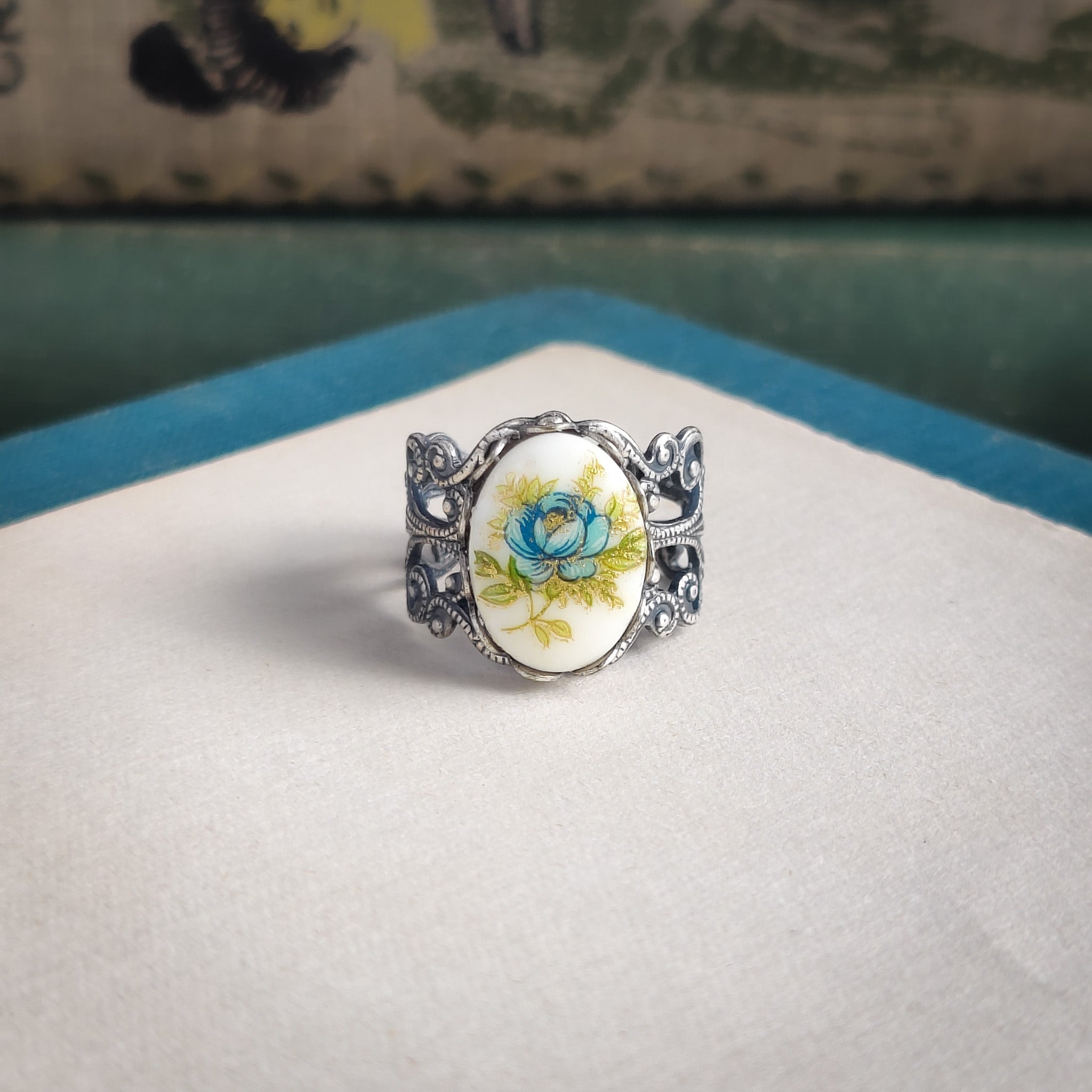 Pink Rose Cameo Ring on Vintage Style Filigree Adjustable Ring in Silver or Brass Choose from Pink, Blue, or Yellow