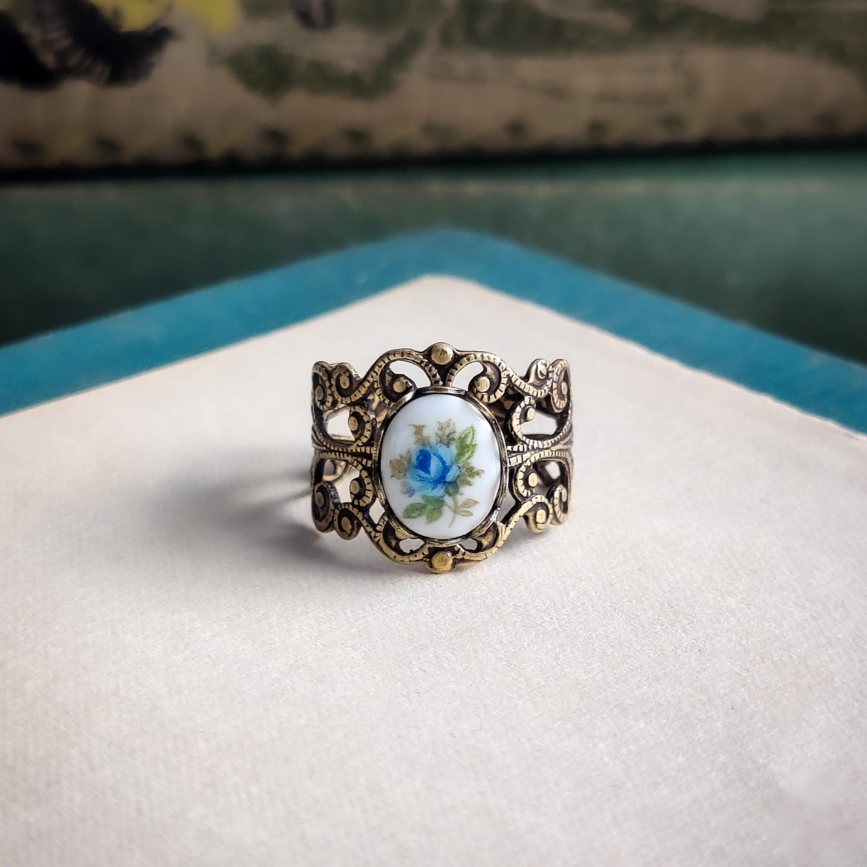 Blue Rose Cameo on Vintage Style Victorian Filigree Adjustable Ring in Silver or Brass.  Available in Pink, Blue, or Yellow