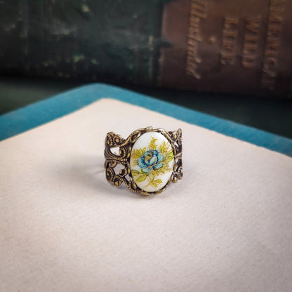 Yellow Rose Cameo Ring on Vintage Style Filigree Adjustable Ring in Silver or Brass Choose from Pink, Blue, or Yellow