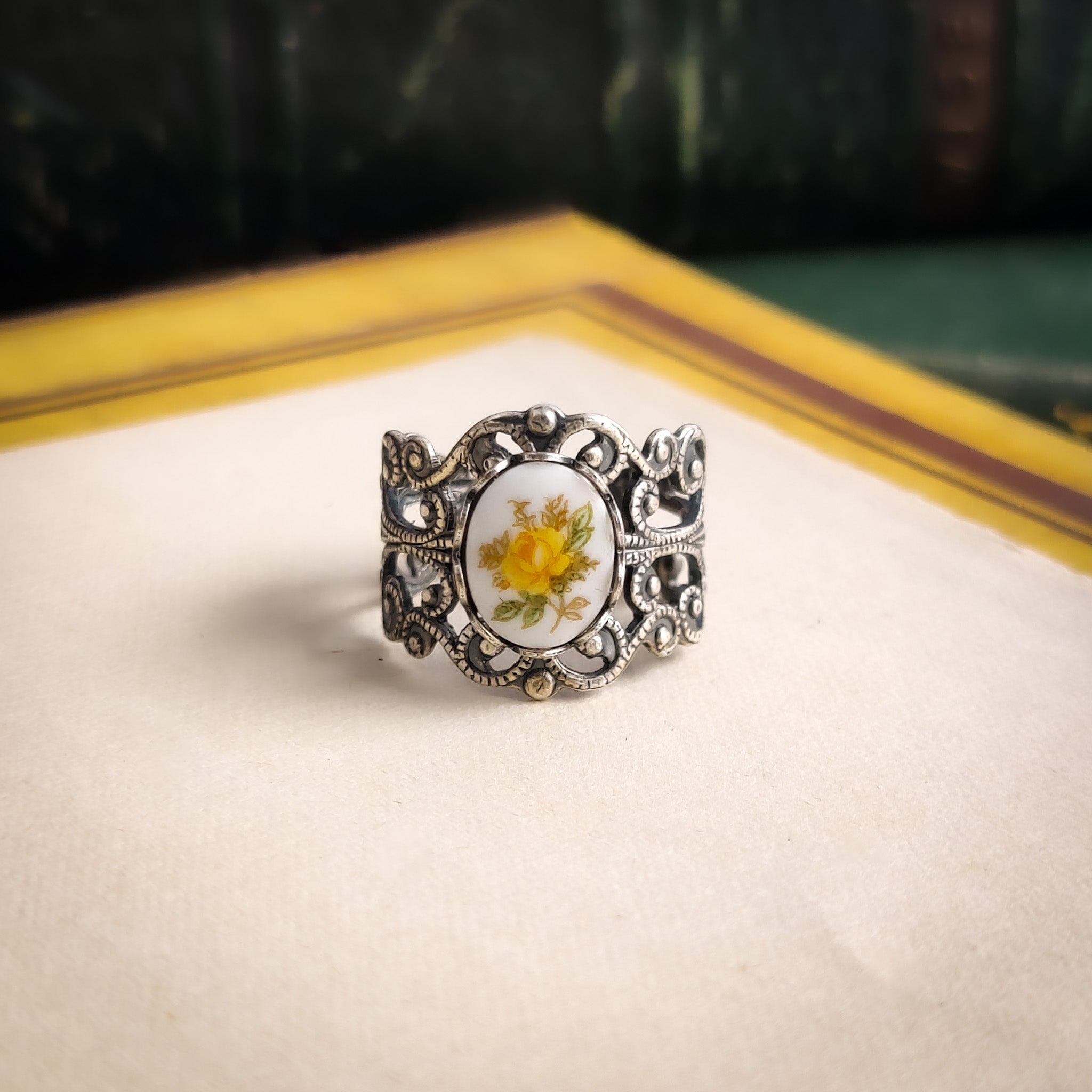 Yellow Rose Cameo on Vintage Style Victorian Filigree Adjustable Ring in Silver or Brass.  Available in Pink, Blue, or Yellow