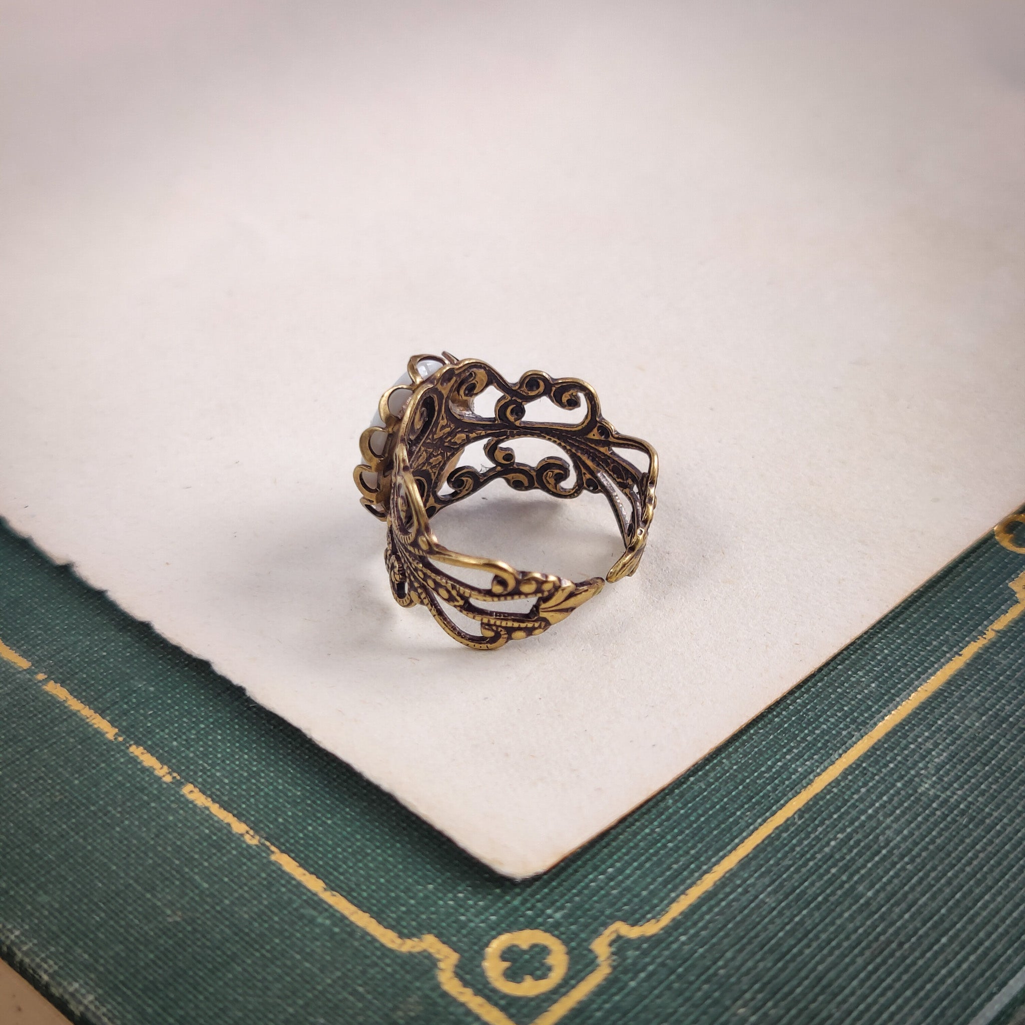 Pink Rose Cameo on Vintage Style Victorian Filigree Adjustable Ring in Silver or Brass.  Available in Pink, Blue, or Yellow