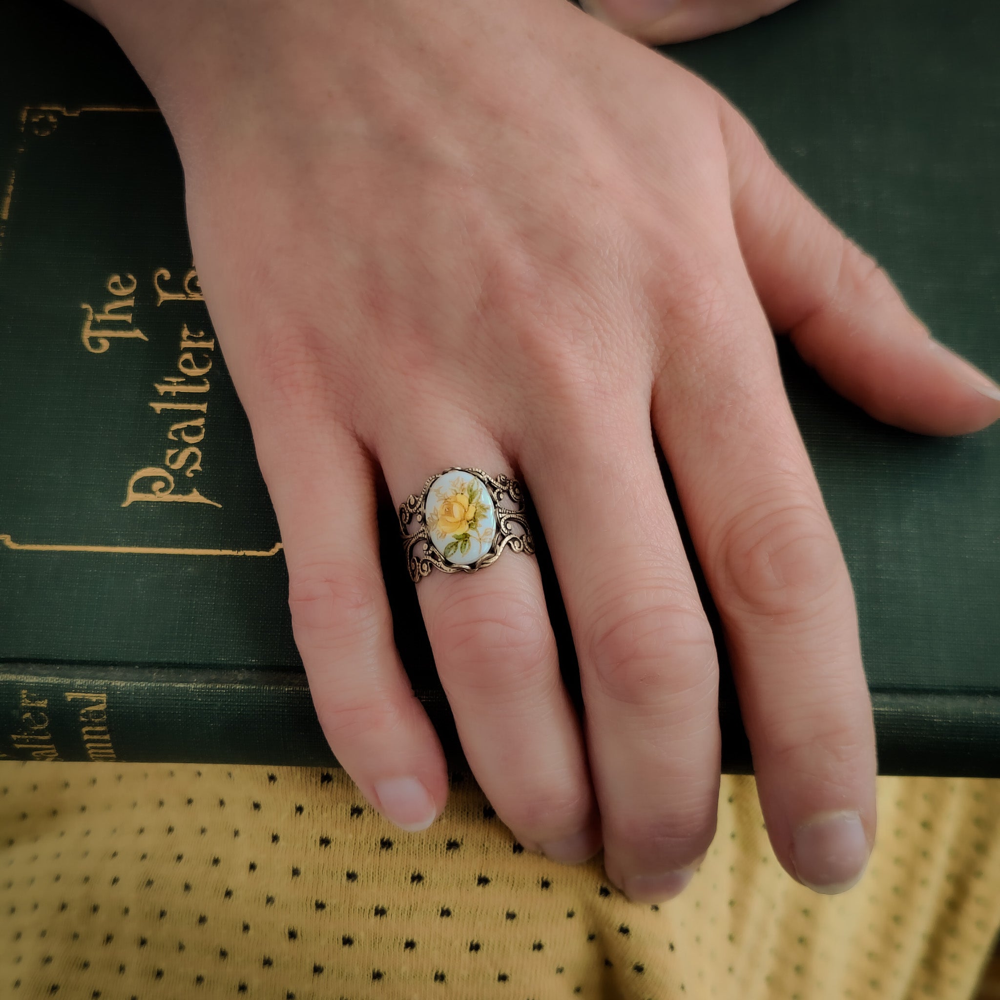 Pink Rose Cameo Ring on Vintage Style Filigree Adjustable Ring in Silver or Brass Choose from Pink, Blue, or Yellow