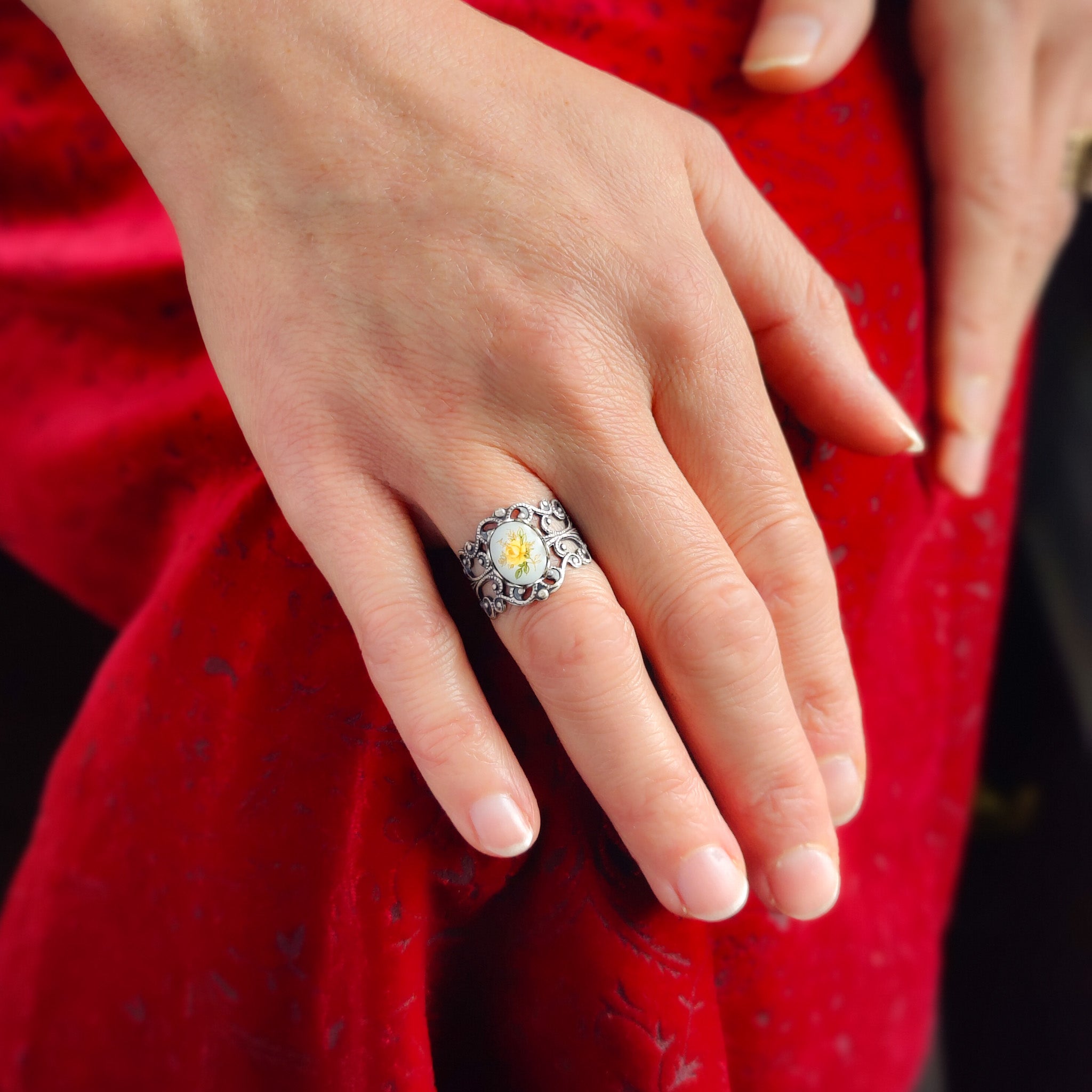 Pink Rose Cameo on Vintage Style Victorian Filigree Adjustable Ring in Silver or Brass.  Available in Pink, Blue, or Yellow