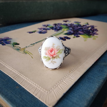 Pink Rose Cameo Ring on Vintage Style Victorian Filigree Adjustable Ring in Silver or Brass.  Available in Pink, Blue, or Yellow