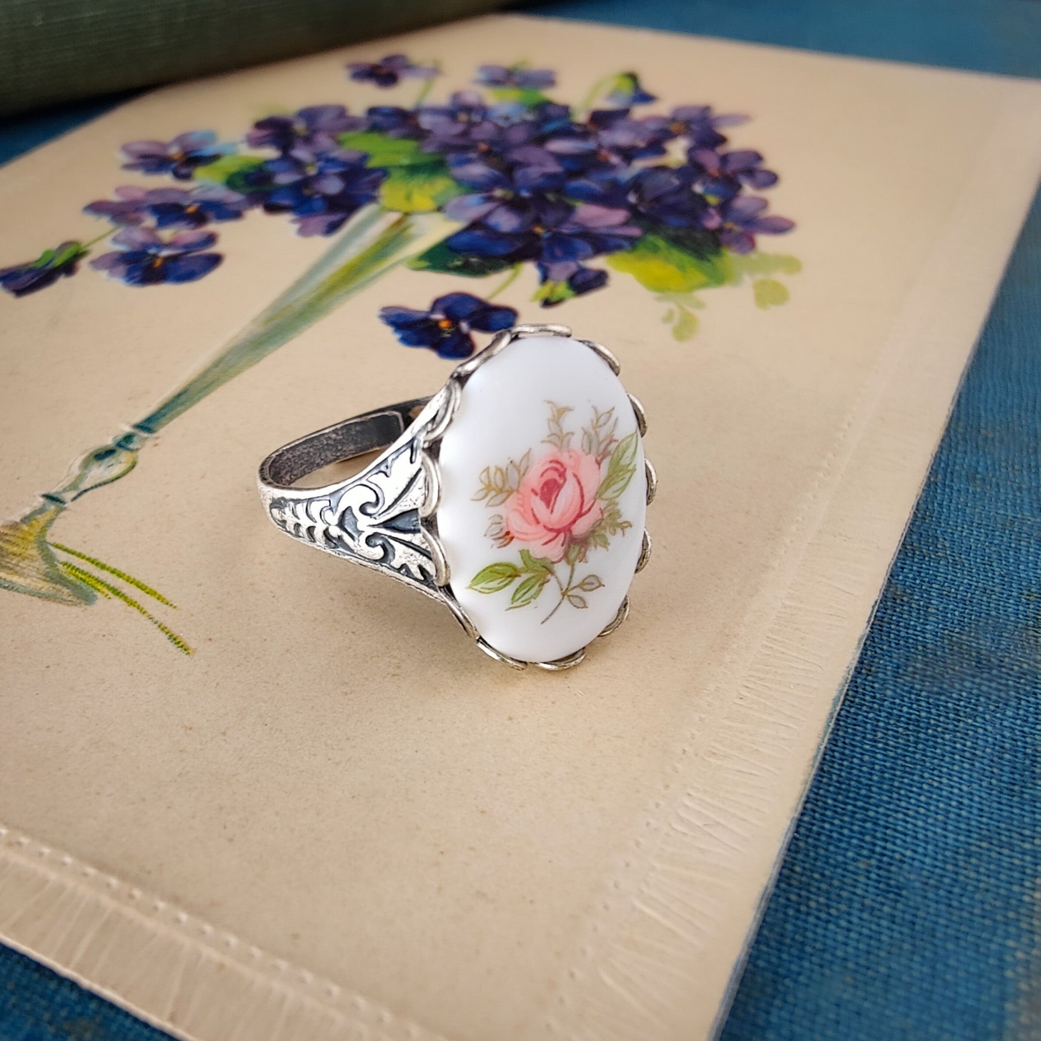 Pink Rose Cameo Ring on Vintage Style Victorian Filigree Adjustable Ring in Silver or Brass.  Available in Pink, Blue, or Yellow