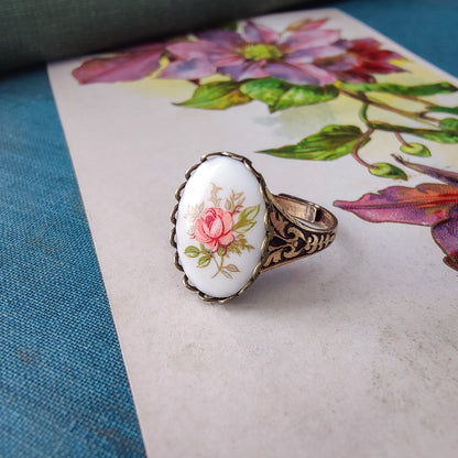 Pink Rose Cameo Ring on Vintage Style Victorian Filigree Adjustable Ring in Silver or Brass.  Available in Pink, Blue, or Yellow