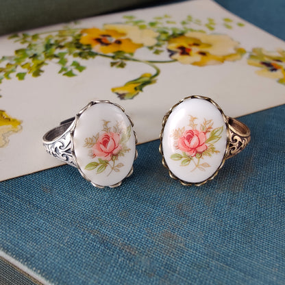 Pink Rose Cameo Ring on Vintage Style Victorian Filigree Adjustable Ring in Silver or Brass.  Available in Pink, Blue, or Yellow