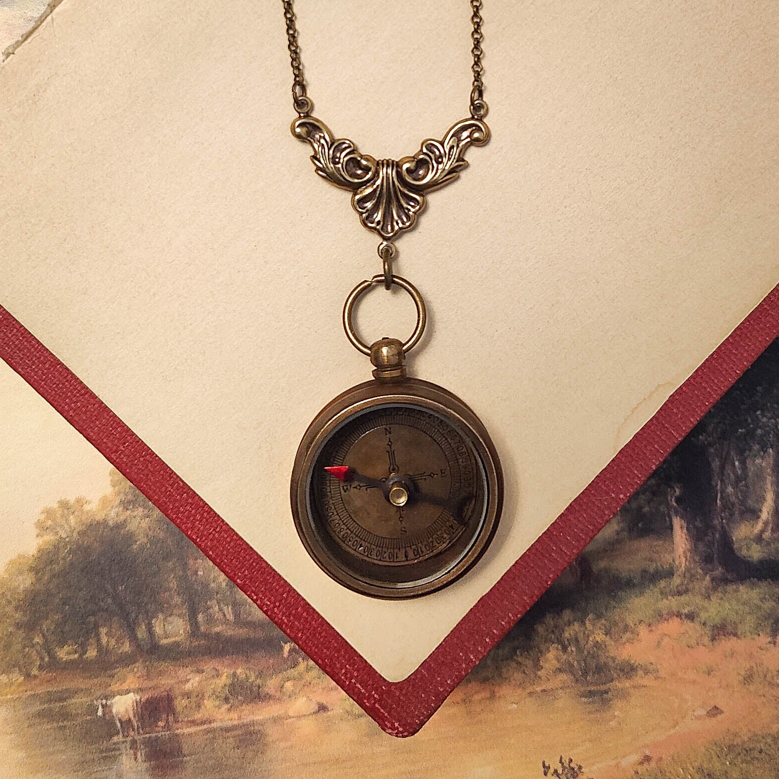 Working Brass Compass Necklace with Crown