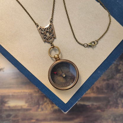 Working Brass Compass Necklace with Crown