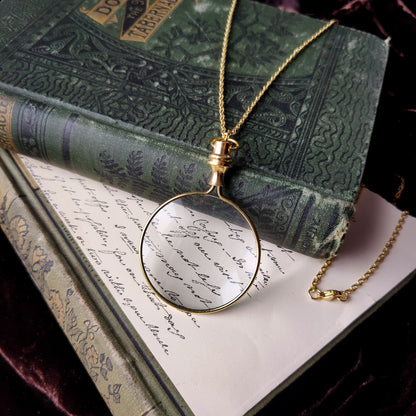 Magnifying Glass Lens Necklace Gold Tone