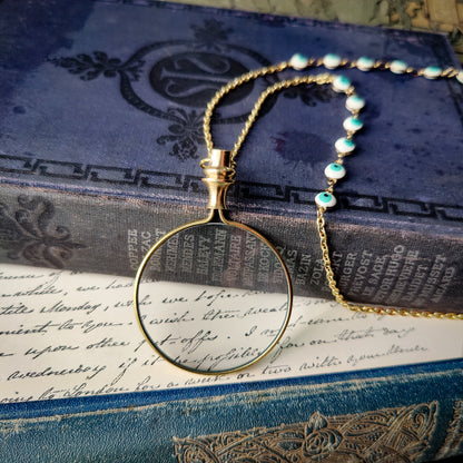 Magnifying Glass Lens Necklace With Green Eye Ball Beads