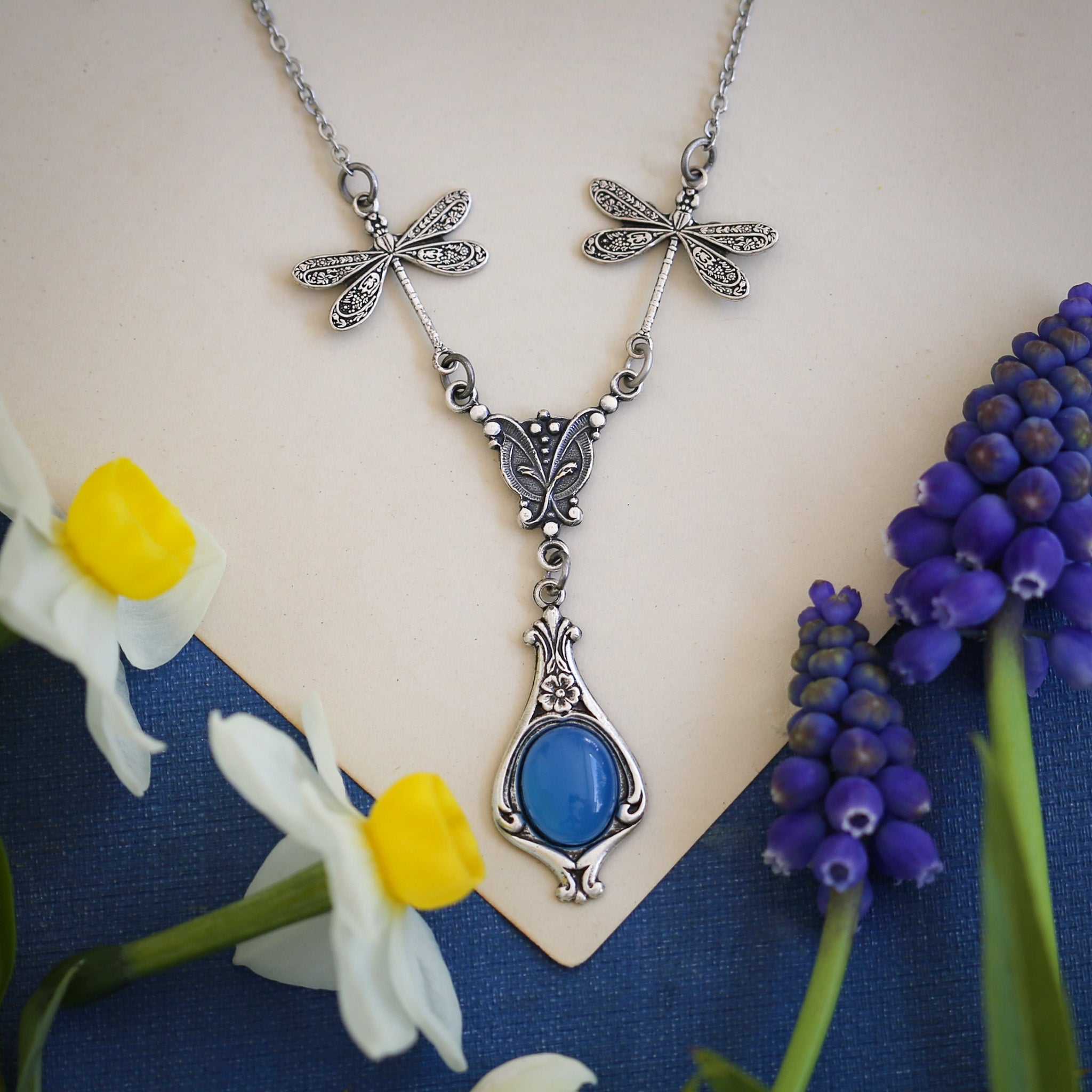 antiqued silver vintage-style dragonfly simple drop semi-precious stone mineral blue agate pendant in victorian aesthetic