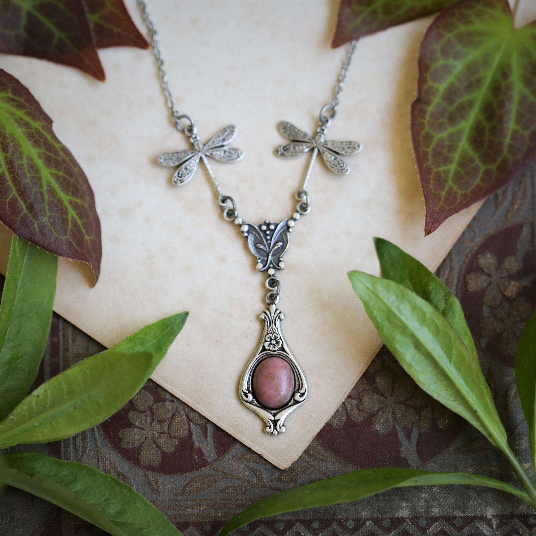 antiqued silver vintage-style dragonfly simple drop semi-precious rock mineral pink rhodonite pendant perfect for bridesmaids