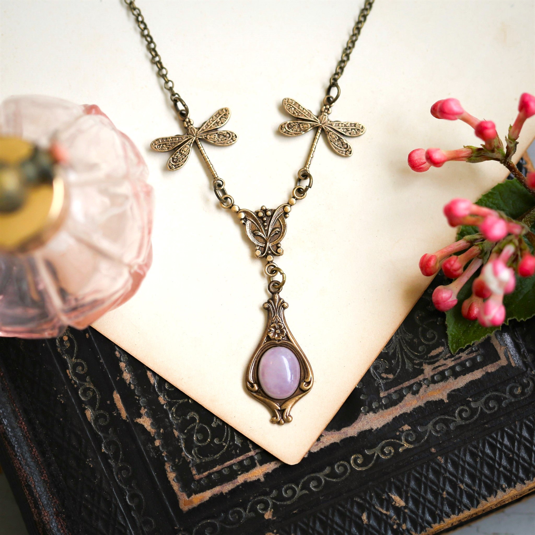 antiqued brass vintage-style dragonfly simple drop semi-precious rock mineral pink rose quartz pendant perfect for renaissance fairs