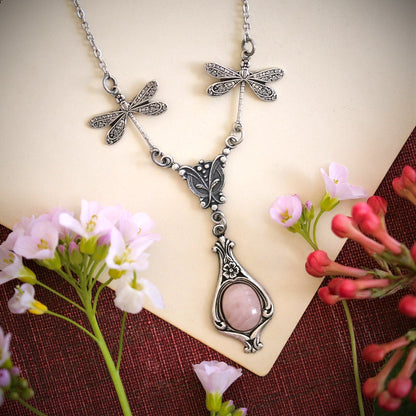 antiqued silver vintage-style dragonfly simple drop semi-precious rock mineral pink rose quartz pendant perfect for the princess