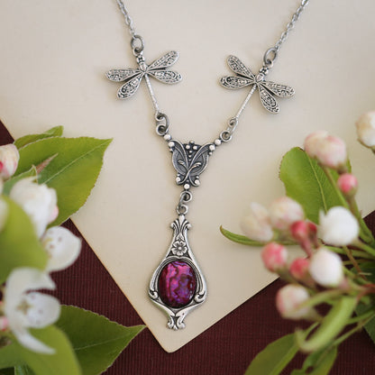 antiqued silver vintage-style dragonfly simple drop pink shell pendant in retro aesthetic